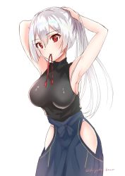 Rule 34 | 1girl, armpits, arms up, black shirt, blue hakama, cowboy shot, fate/grand order, fate (series), hair between eyes, hakama, hakama pants, hakama skirt, hiyoko biimu, japanese clothes, long hair, mouth hold, pants, ponytail, red eyes, ribbon, ribbon in mouth, shiny clothes, shirt, signature, silver hair, simple background, sketch, skirt, sleeveless, sleeveless shirt, solo, tomoe gozen (fate), tying hair, very long hair, white background