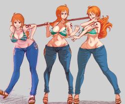 1girl absurdres bikini bikini_top_only breasts cleavage curvy denim grin highres holding holding_weapon jeans large_breasts lokidrawsart long_hair looking_at_viewer lowleg lowleg_pants multiple_views nami_(one_piece) navel one_piece orange_hair pants polearm shoulder_tattoo smile solo swimsuit tattoo thighs underboob weapon wide_hips