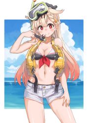 Rule 34 | 1girl, bikini, blonde hair, blush, braid, breasts, cleavage, cloud, day, diving mask, diving mask on head, goggles, goggles on head, gradient hair, hair flaps, hair ornament, hairclip, highres, kantai collection, long hair, looking at viewer, medium breasts, multicolored hair, ocean, outdoors, pink hair, red eyes, sailor bikini, sailor collar, short shorts, shorts, sky, smile, snorkel, solo, sugue tettou, swimsuit, twitter username, very long hair, water, white shorts, yuudachi (kancolle), yuudachi kai ni (kancolle)