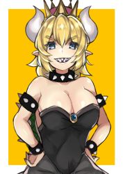 Rule 34 | 1girl, absurdres, armlet, bare shoulders, blonde hair, blue eyes, bowsette, bracelet, breasts, cleavage, collar, dress, earrings, grin, hands on own hips, highres, horns, itame moyashi, jewelry, large breasts, looking at viewer, mario (series), nintendo, pointy ears, sharp teeth, shell, smile, solo, spiked armlet, spiked bracelet, spiked collar, spikes, super crown, teeth