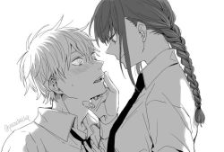 Rule 34 | 1boy, 1girl, artist name, blush, braid, chainsaw man, collared shirt, denji (chainsaw man), embarrassed, eye contact, eyelashes, fingernails, flustered, grabbing another&#039;s chin, hair between eyes, hair tie, hand on another&#039;s face, hetero, long hair, long sleeves, looking at another, makima (chainsaw man), necktie, nose blush, open mouth, profile, shirt, short hair, shueisha, sleeves past elbows, smile, teeth, tongue, watermark, white background, white shirt, yuzu541hq
