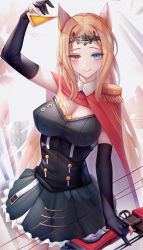 Rule 34 | 1girl, :q, absurdres, alcohol, animal ears, archery shooting glove, archetto (arknights), arknights, arm up, arrow (projectile), bad id, bad pixiv id, beer, binggong asylum, black dress, black legwear, blonde hair, blue eyes, blush, bow (weapon), breasts, bust cup, cape, chinese commentary, cleavage, closed mouth, commentary request, corset, cowboy shot, cup, dress, drunk, elbow gloves, epaulettes, frilled dress, frills, gloves, heterochromia, highres, holding, holding bow (weapon), holding cup, holding weapon, large breasts, partially fingerless gloves, pouring, pouring onto self, red cape, red eyes, smile, solo, strapless, strapless dress, tiara, tongue, tongue out, weapon