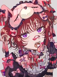 Rule 34 | 1boy, 1girl, bow, fang, frills, hair ornament, hairclip, highres, kuroume (aihikarikuroume24), looking at viewer, open mouth, original, pacifier, pill, pink bow, puffy short sleeves, puffy sleeves, purple eyes, red hair, short hair, short sleeves, simple background, solo, teeth