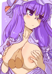 Rule 34 | 1girl, bespectacled, between breasts, breasts, eruichi (redphantom), female focus, glasses, highres, large breasts, looking away, grabber tool, nipples, open clothes, open shirt, patchouli knowledge, pov, purple eyes, purple hair, red phantom, shirt, solo, touhou, upper body