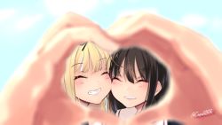 Rule 34 | 10s, 2girls, ^ ^, ^o^, artist name, bad id, bad twitter id, blonde hair, blurry, blush, brown hair, close-up, closed eyes, depth of field, gradient background, grin, heart, heart hands, kantai collection, kyara36, multiple girls, shigure (kancolle), sky, smile, teeth, upper body, yuudachi (kancolle)