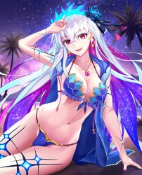 Rule 34 | 1girl, absurdres, breasts, cleavage, fate/grand order, fate (series), harukey, highres, kama (fate), long hair, looking at viewer, medium breasts, nail polish, open mouth, smile, solo, swimsuit, white hair