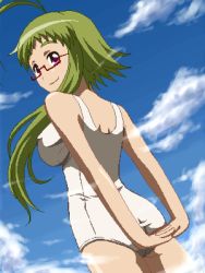 Rule 34 | 00s, 1girl, ahoge, ass, asu no yoichi, awa, cowboy shot, glasses, green hair, ikaruga chihaya, jaggy lines, lowres, oekaki, one-piece swimsuit, own hands together, school swimsuit, short hair with long locks, solo, swimsuit, white one-piece swimsuit
