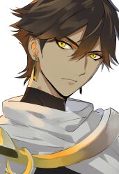 Rule 34 | 1boy, brown hair, closed mouth, commentary, earrings, fate/grand order, fate (series), hair between eyes, jewelry, male focus, ozymandias (fate), portrait, short hair, simple background, solo, symbol-only commentary, takashi (huzakenna), turtleneck, white background, yellow eyes