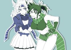 Rule 34 | belt, breasts, caesar anthonio zeppeli, contrapposto, crop top, crossed arms, facial mark, fingerless gloves, frown, genderswap, genderswap (mtf), gloves, grin, hand on own hip, headband, impossible clothes, jacket, jojo no kimyou na bouken, joseph joestar, joseph joestar (young), large breasts, limited palette, midriff, navel, outline, pleated skirt, ponytail, scarf, short shorts, shorts, skirt, smile, standing, striped clothes, striped scarf, umino mo kuzu, winged hair ornament
