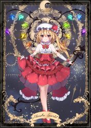 Rule 34 | 1girl, adapted costume, blonde hair, blush, breasts, character name, closed mouth, crystal, earrings, flandre scarlet, full body, hat, highres, jewelry, long hair, looking at viewer, mob cap, one side up, red eyes, red footwear, red skirt, see-through, see-through sleeves, shironeko yuuki, shirt, shoes, short sleeves, skirt, small breasts, smile, solo, touhou, white hat, white shirt, wings