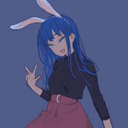 Rule 34 | 1girl, animal ears, black shirt, blue background, blue hair, commentary request, earrings, fake animal ears, hand up, high-waist skirt, highres, jewelry, long hair, long sleeves, looking at viewer, muji (uimss), open mouth, original, rabbit ears, red skirt, shirt, simple background, skirt, smile, solo, stud earrings, upper body, w, yellow eyes