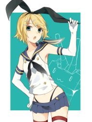 Rule 34 | 1girl, bare shoulders, black panties, blonde hair, chisumi, cosplay, crossover, elbow gloves, flat chest, gloves, green eyes, hair ornament, hair ribbon, hairclip, highleg, highleg panties, highres, kagamine rin, kantai collection, looking at viewer, miniskirt, navel, panties, ribbon, sailor collar, shimakaze (kancolle), shimakaze (kancolle) (cosplay), short hair, skirt, solo, striped clothes, striped thighhighs, thighhighs, underwear, vocaloid, whale tail (clothing), white gloves