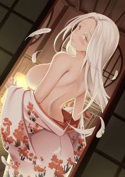 Rule 34 | 1girl, bare back, bare shoulders, bird, breasts, crane (animal), feathers, highres, japanese clothes, kimono, kinata (area7), large breasts, looking at viewer, looking back, original, parted bangs, partially undressed, red eyes, robe, robe slip, sideboob, solo, transformation, white hair