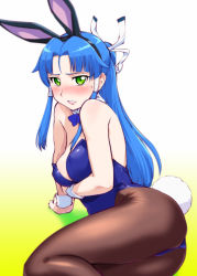 Rule 34 | 1girl, animal ears, bare shoulders, battle spirits, battle spirits: burning soul, blue hair, blush, bow, bowtie, breast hold, breasts, cleavage, detached collar, fake animal ears, gradient background, green eyes, gunjou souun, leotard, long hair, looking at viewer, lying, on side, pantyhose, parted lips, playboy bunny, ponytail, rabbit ears, rabbit tail, solo, tail, thighs, ueyama michirou, wrist cuffs