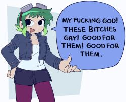 Rule 34 | 1girl, bag, black eyes, blue pepe, colored tips, cropped jacket, english text, goggles, goggles on head, green hair, hand on own hip, highres, meme, multicolored hair, my fucking god! these bitches gay! good for them (meme), official style, pantyhose, ramona flowers, scott pilgrim (series), scott pilgrim takes off, short hair, sideways mouth, skirt, solo, standing