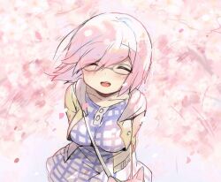 Rule 34 | 1girl, arms behind back, bag, blush, breasts, cherry blossoms, closed eyes, dress, facing viewer, fate/grand order, fate (series), glasses, hair over one eye, jacket, kibii mocha, large breasts, mash kyrielight, open clothes, open jacket, open mouth, petals, pink hair, short hair, sketch, solo, teeth, upper teeth only