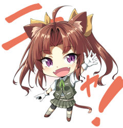 Rule 34 | 10s, 1girl, :d, ahoge, animal ears, ataru (cha2batake), bike shorts, bike shorts under skirt, blush, brown hair, buttons, cat ears, cat tail, chibi, fangs, gloves, green ribbon, green skirt, hair ribbon, hand up, kagerou (kancolle), kantai collection, neck ribbon, open mouth, pleated skirt, pocket, purple eyes, ribbon, school uniform, short sleeves, skirt, smile, solo, tail, twintails, vest, white background, white gloves, yellow ribbon