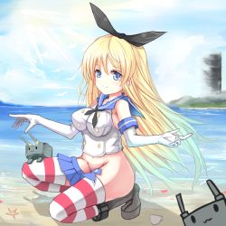 Rule 34 | 10s, 1girl, bad id, bad pixiv id, beach, blonde hair, blue eyes, breasts, day, elbow gloves, gloves, hairband, kantai collection, large breasts, long hair, looking at viewer, no panties, ocean, personification, rensouhou-chan, shimakaze (kancolle), smile, squatting, sseopik, striped clothes, striped thighhighs, thighhighs