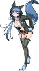 Rule 34 | 1girl, animal ears, animal feet, animal hands, artist request, black jacket, black thighhighs, blue hair, blue tail, blush, breasts, claws, cleavage, crop top, froze (monster musume), full body, game cg, garter straps, hair between eyes, hood, hood up, jacket, jewelry, long hair, looking at viewer, medium breasts, midriff, monster girl, monster musume no iru nichijou, monster musume no iru nichijou online, necklace, official art, pink eyes, plaid, plaid skirt, skirt, smile, solo, stirrup legwear, tachi-e, tail, tank top, thigh gap, thighhighs, toeless legwear, transparent background, very long hair, white tank top, wolf ears, wolf girl, wolf tail