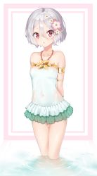 Rule 34 | 1girl, absurdres, antenna hair, arms behind back, bare shoulders, blush, breasts, collarbone, commentary request, dohyuni818, flower, hair between eyes, hair flower, hair ornament, highres, kokkoro (princess connect!), kokkoro (summer) (princess connect!), looking at viewer, navel, pink flower, pointy ears, princess connect!, red eyes, silver hair, solo, wading, water, white background, white flower