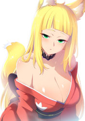 Rule 34 | 1girl, animal ear fluff, animal ears, bare shoulders, blonde hair, blunt bangs, blurry, blush, breasts, collarbone, depth of field, dungeon ni deai wo motomeru no wa machigatteiru darou ka, fox ears, fox girl, fox tail, green eyes, half-closed eyes, head tilt, highres, japanese clothes, kimono, large breasts, long hair, long sleeves, looking at viewer, obi, off shoulder, parted lips, red kimono, sanjouno haruhime, sash, simple background, solo, straight hair, tail, white background, xiaodi