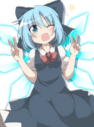 Rule 34 | 1girl, blue dress, blue eyes, blue hair, blush, bow, cirno, do (4-rt), double v, dress, fang, hair bow, highres, ice, ice wings, matching hair/eyes, one eye closed, open mouth, puffy short sleeves, puffy sleeves, shirt, short sleeves, smile, solo, touhou, v, wings