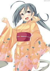 Rule 34 | 10s, 1girl, :d, ahoge, alternate costume, bad id, bad pixiv id, bow, bowtie, cowboy shot, floral print, grey eyes, grey hair, hair between eyes, hair bun, japanese clothes, kankitsunabe (citrus), kantai collection, kimono, kiyoshimo (kancolle), long hair, long sleeves, looking at viewer, low twintails, obi, open mouth, sash, simple background, single hair bun, smile, solo, twintails, twitter username, very long hair, white background, wide sleeves