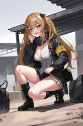 Rule 34 | 1girl, 404 logo (girls&#039; frontline), :d, absurdres, ahoge, bag, bare legs, black footwear, black jacket, black skirt, blush, boots, bow, breasts, brown eyes, brown hair, cleavage, girls&#039; frontline, gloves, hair bow, hand up, hhsan, highres, holding, holding clothes, holding skirt, hood, hood down, hooded jacket, jacket, long hair, looking at viewer, medium breasts, no legwear, open clothes, open jacket, open mouth, outdoors, shirt, skirt, smile, solo, thighs, twintails, ump9 (girls&#039; frontline), white shirt