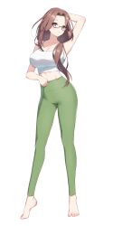 Rule 34 | 1girl, absurdres, arm behind head, arm up, armpits, bare arms, bare shoulders, barefoot, black-framed eyewear, breasts, brown hair, camisole, cleavage, crop top, full body, glasses, green eyes, green pants, hair over shoulder, high-waist pants, highres, large breasts, leggings, long hair, looking at viewer, low-tied long hair, midriff, original, pants, parted bangs, photo-referenced, semi-rimless eyewear, shirt, sleeveless, sleeveless shirt, solo, spaghetti strap, standing, tiptoes, ugwa, under-rim eyewear, white shirt