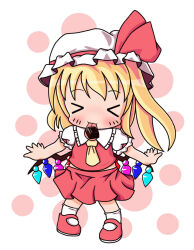 Rule 34 | &gt; &lt;, 1girl, annon (tabi suru ani-photo), chibi, closed eyes, collared shirt, facing viewer, flandre scarlet, frilled shirt collar, frills, hat, hat ribbon, mary janes, mob cap, multicolored wings, pigeon-toed, puffy short sleeves, puffy sleeves, red footwear, red ribbon, red skirt, red vest, ribbon, shirt, shoes, short sleeves, skirt, socks, solo, tongue, tongue out, touhou, valentine, vest, white background, white hat, white shirt, white socks, wings