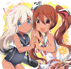Rule 34 | 10s, 2girls, :d, bare shoulders, blonde hair, blue eyes, blush, brown eyes, brown hair, crop top, dress, fang, flower, fujiyama ichiha, german text, gradient background, hair flower, hair ornament, hair ribbon, headgear, holding hands, interlocked fingers, italian text, kantai collection, libeccio (kancolle), long hair, looking at viewer, multiple girls, neckerchief, open mouth, ribbon, ro-500 (kancolle), sailor collar, sailor dress, school swimsuit, smile, striped neckerchief, swimsuit, swimsuit under clothes, tan, tanline, translated, twintails, white dress