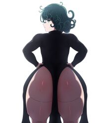 Rule 34 | 1girl, absurdres, ass, between buttocks, black dress, curly hair, dress, green eyes, green hair, hands on own hips, highres, huge ass, long sleeves, looking at viewer, looking back, no panties, one-punch man, short hair, solo, sweat, tatsumaki, thick thighs, thighs, w1hot, white background, wide hips