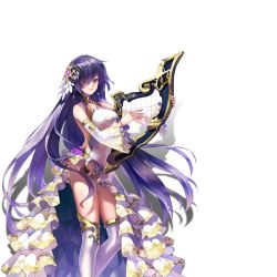 Rule 34 | 1girl, breasts, closed mouth, dress, floating hair, hair over one eye, harp, instrument, legs, long hair, looking at viewer, playing, purple eyes, purple hair, sacred sword princesses, solo, standing, thighhighs, thighs, transparent background, wide sleeves