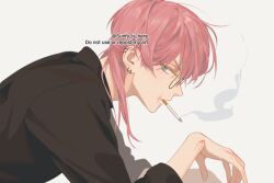 Rule 34 | 1boy, aqua eyes, arm rest, black shirt, collared shirt, ear piercing, expressionless, eyelashes, glasses, leaning forward, looking at viewer, male focus, piercing, pink hair, portrait, sanzu haruchiyo, scar, scar on face, shirt, simple background, smoking, solo, tokyo revengers, wolf cut, yoursunfy