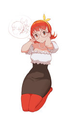 Rule 34 | 1girl, :o, alternate hairstyle, arms up, bare arms, bare shoulders, black skirt, breasts, chinese commentary, collarbone, commentary, curly hair, detached sleeves, frilled shirt, frilled sleeves, frills, full body, gem, glasses, hairband, hands in hair, hands up, high-waist skirt, high ponytail, highres, jewelry, kneeling, limited palette, looking at viewer, medium hair, miniskirt, multiple views, necklace, no shoes, orange eyes, orange hair, orange pantyhose, orange theme, original, pantyhose, pearl (gemstone), pearl necklace, pencil skirt, peter pan (adtc7243), portrait, puffy short sleeves, puffy sleeves, round eyewear, shirt, short sleeves, skirt, smile, sparkle, strapless, strapless shirt, thought bubble, white background, white shirt, yellow hairband