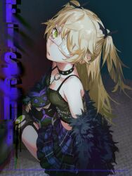 Rule 34 | 1girl, alternate costume, bare shoulders, black choker, black ribbon, black tank top, blonde hair, breasts, character name, choker, eyepatch, fischl (genshin impact), genshin impact, green eyes, hair ribbon, highres, long hair, looking at viewer, medical eyepatch, medium breasts, mizuku hei, off shoulder, oz (genshin impact), parted lips, plaid, plaid skirt, ribbon, sitting, skirt, solo, studded choker, stuffed animal, stuffed bird, stuffed toy, tank top, two side up