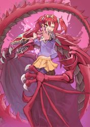 Rule 34 | 1boy, 1girl, artist request, claws, demon, demon wings, dragon, duel disk, duel monster, highres, horns, long hair, looking to the side, one eye closed, red hair, sharp teeth, teeth, twintails, uria lord of searing flames, wings, wink, yasuda uria, yu-gi-oh!, yu-gi-oh! tag force