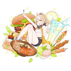Rule 34 | 1girl, :d, bandana, bare arms, bare legs, bare shoulders, benghuai xueyuan, black shorts, bowl, breasts, broken horn, burger, character request, commentary request, crop top, cup, drinking glass, fish (food), fogriver, food, food request, fruit, hair between eyes, highres, holding, holding spoon, honkai (series), horns, jacket, jewelry, kebab, knees up, lemon, lemon slice, lemonade, light brown hair, long hair, meat, midriff, navel, necklace, noodles, oni horns, open clothes, open jacket, open mouth, orange jacket, outstretched arm, ponytail, ramen, sashimi, shirt, short shorts, shorts, simple background, skewer, sleeveless, sleeveless jacket, small breasts, smile, solo, sparkle, spoon, star (symbol), star print, sushi, white background, white shirt, yellow eyes