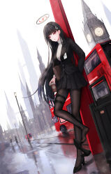 Rule 34 | 1girl, black hair, blue archive, bus, double-decker bus, extreme dangling, feet, highres, long hair, looking at viewer, pantyhose, parted lips, red eyes, rio (blue archive), shoe dangle, steam, yuzuriha (atelier liang)