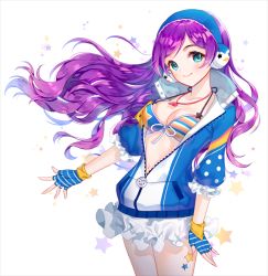 Rule 34 | 10s, 1girl, bikini, blue eyes, blush, choker, female focus, gloves, headphones, jacket, love live!, love live! school idol festival, love live! school idol project, purple hair, rarumi, skirt, smile, star (symbol), swimsuit, tattoo, tojo nozomi