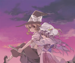 Rule 34 | 2girls, amakura, blonde hair, broom, broom riding, cloud, crescent hat ornament, evening, female focus, hair ribbon, hat, hat ornament, hug, hug from behind, kirisame marisa, multiple girls, multiple riders, patchouli knowledge, photoshop (medium), purple hair, ribbon, sidesaddle, skirt, sky, sunset, tired, touhou, twilight, witch, witch hat