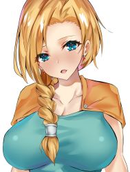 Rule 34 | 1girl, benten (ioj3446), bianca (dq5), blonde hair, blue eyes, braid, breasts, cleavage, collarbone, commentary request, dragon quest, dragon quest v, earrings, green shirt, highres, jewelry, large breasts, long hair, looking at viewer, open mouth, shirt, simple background, square enix, white background