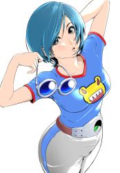 Rule 34 | 1girl, animal print, belt, blue hair, breasts, frog print, hand in own hair, highres, looking at viewer, mahha warabi, may lee, open mouth, shirt, short hair, simple background, solo, sunglasses, sunglasses removed, the king of fighters, white background