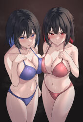 Rule 34 | 2girls, absurdres, asymmetrical docking, bare arms, bare shoulders, bikini, black hair, black survival, blue bikini, blue eyes, blue hair, blush, breast press, breasts, cleavage, closed mouth, collarbone, colored inner hair, commentary request, crying, crying with eyes open, debi (black survival), eternal return: black survival, hair between eyes, highres, korean commentary, large breasts, looking at viewer, marlene (black survival), multicolored hair, multiple girls, navel, parted lips, ptal, red bikini, red eyes, red hair, short hair, siblings, sisters, stomach, swimsuit, tears, twins, v-shaped eyebrows