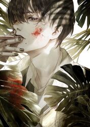 Rule 34 | 1boy, blood, blood on face, bullet, commentary request, crosshatching, eyelashes, hatching (texture), highres, juukakukan no satsujin, kiyohara hiro, leaf, limited palette, lips, male focus, mole, mole under mouth, portrait, profile, solo
