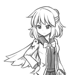 Rule 34 | 1girl, bow, bowtie, breasts, brooch, commentary, dress, eyelashes, faux traditional media, feathered wings, greyscale, half updo, hand on own hip, jacket, jewelry, kishin sagume, long sleeves, medium breasts, monochrome, open clothes, open jacket, short hair, simple background, single wing, solo, touhou, upper body, white background, wings, wool (miwol)
