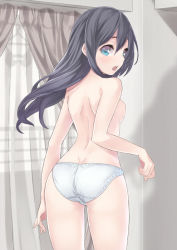 Rule 34 | 1girl, ass, back, bad id, bad pixiv id, black hair, blue eyes, breasts, dimples of venus, long hair, looking back, original, panties, ray-akila, ray littlechamber, small breasts, solo, topless, underwear