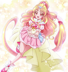 Rule 34 | 1girl, :d, absurdly long hair, blonde hair, cure tomorrow, earrings, floating hair, hanzou, harryham harry, highres, hugtto! precure, jewelry, leg up, long hair, magical girl, miniskirt, open mouth, pink footwear, pink skirt, pleated skirt, precure, red eyes, short sleeves, skirt, smile, solo, sparkle, standing, standing on one leg, very long hair