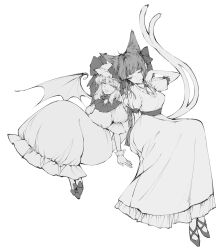 Rule 34 | 2girls, absurdres, animal ear fluff, animal ears, arm behind back, arm up, blunt bangs, braid, breasts, cat ears, cat tail, closed eyes, closed mouth, dress, full body, gin fragrans, greyscale, highres, kaenbyou rin, light smile, long hair, medium breasts, monochrome, multiple girls, multiple tails, nekomata, puffy short sleeves, puffy sleeves, remilia scarlet, short sleeves, simple background, tail, touhou, twin braids, two tails, very long hair, white background