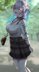 Rule 34 | 1girl, arms behind back, bag, black choker, black skirt, blue ribbon, braid, breasts, choker, cleavage, commentary request, cowboy shot, green eyes, hair ribbon, highres, hololive, large breasts, nofakeuk, one eye closed, open mouth, pantyhose, plaid, plaid skirt, ribbed sweater, ribbon, ribbon-trimmed sleeves, ribbon trim, shirogane noel, shirogane noel (casual), skirt, smile, solo, sweater, teeth, upper teeth only, virtual youtuber, watch, white pantyhose, white sweater, wristwatch